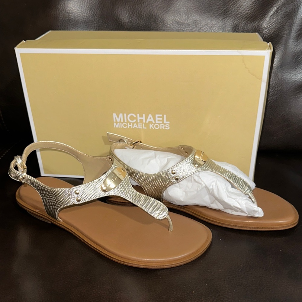 MICHAEL Michael Kors Metallic Gold T-Strap Leather Sandals
